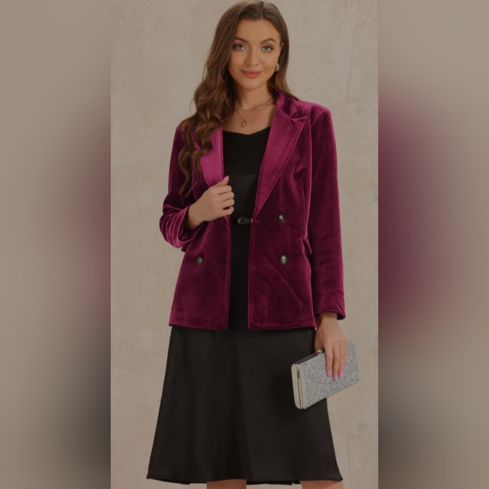 Allegra K | Velvet Notched Lapel Long Sleeve Double Breasted Blazer Jacket